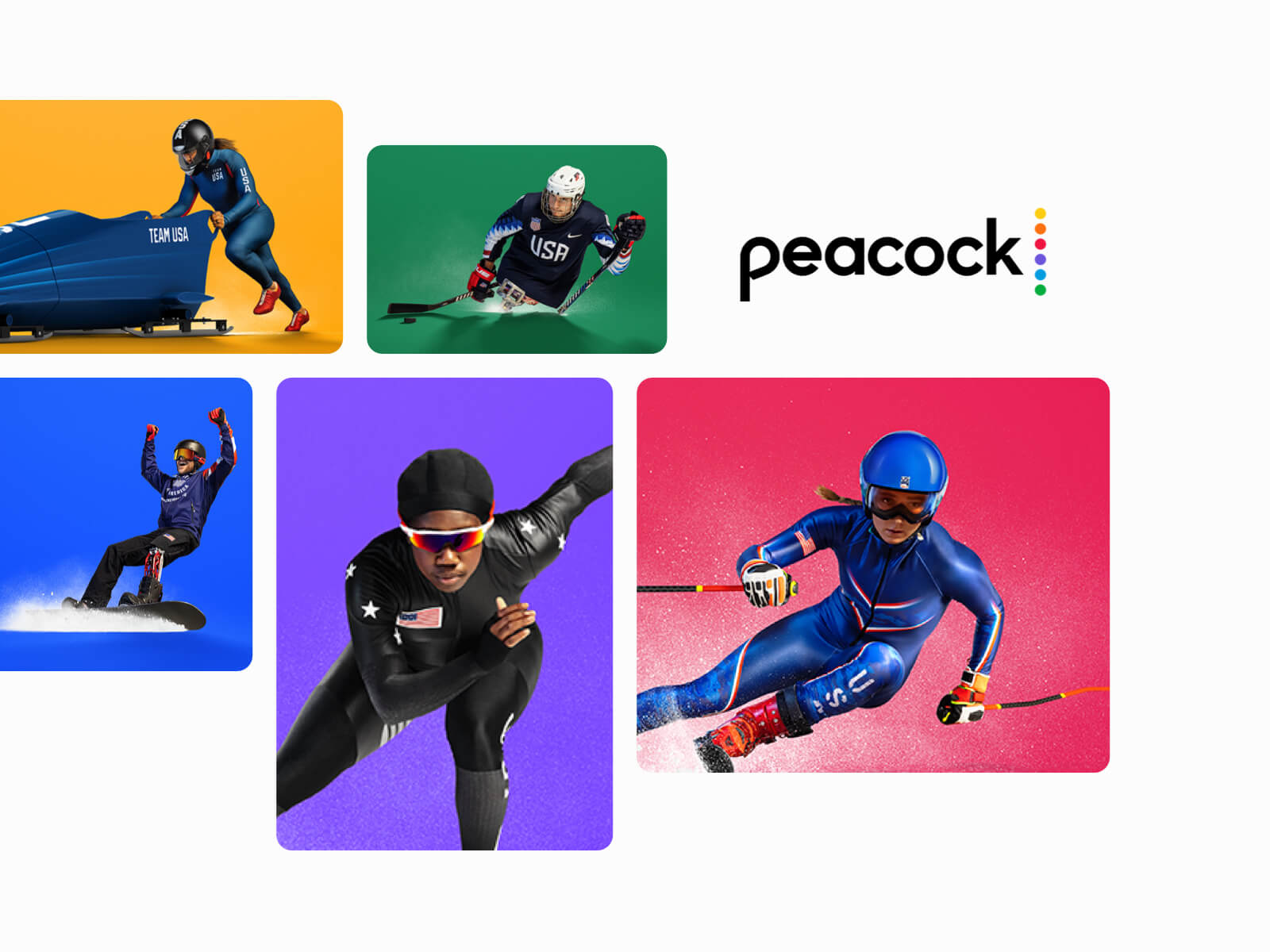 Team USA winter athletes and Peacock logo